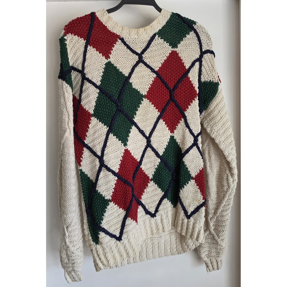 Savile Row Crew Neck Sweater L Argyle Linen Cotton Pullover Casual Knit Grandpa